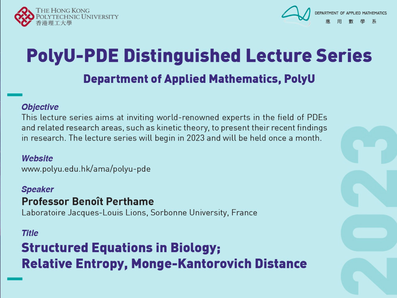 PolyU-PDE distinguished lecture series : structured equations in biology; relative entropy, monge-kantorovich distance
