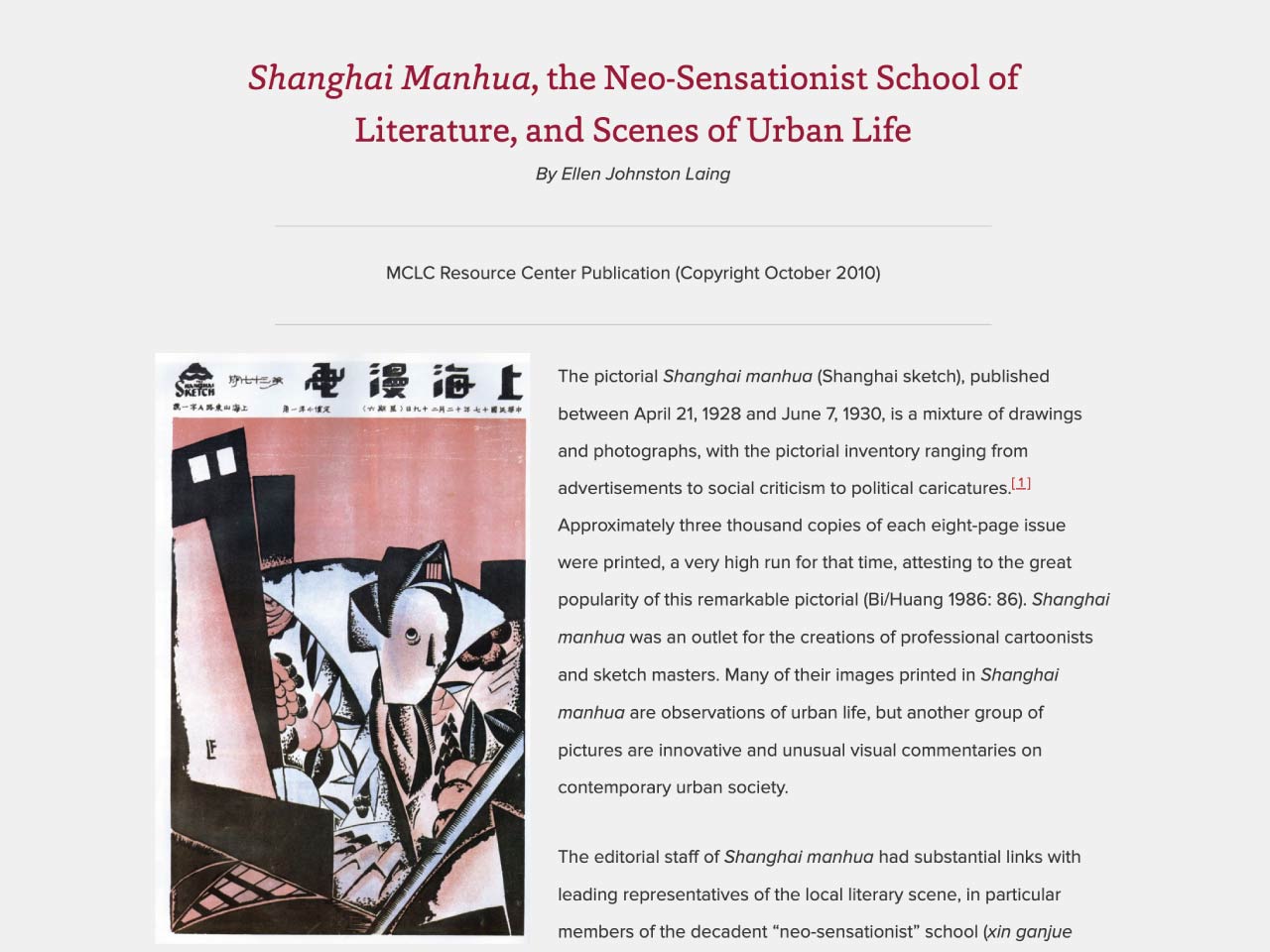 Shanghai Manhua, the Neo-Sensationist School of Literature, and Scenes of Urban Life